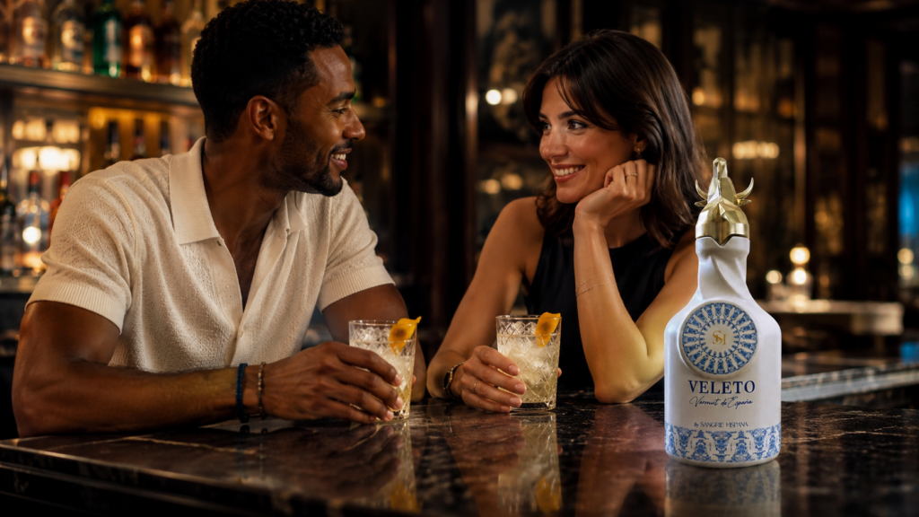 Mockup del packaging de Vermut Veleto Blanco, diseño de botella de cerámica y serigrafía por Max Loarces