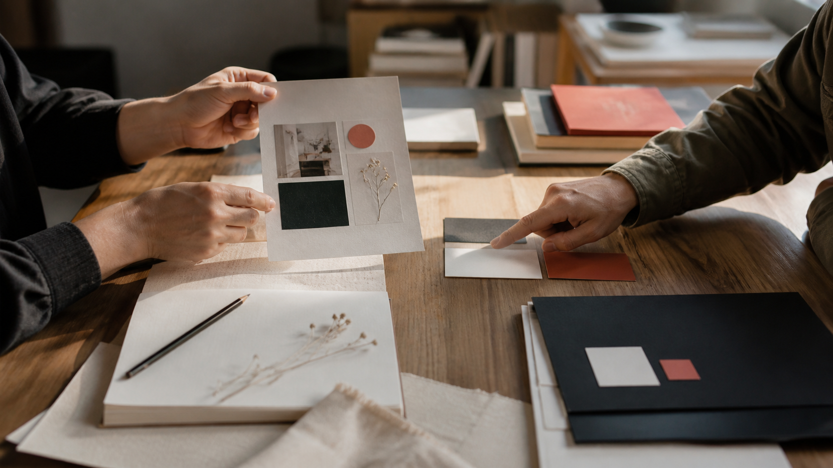 Dos personas revisando juntas un moodboard de marca con muestras de color y fotografía sobre una mesa de trabajo