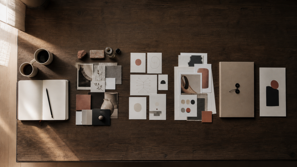 Proceso de branding de principio a fin sobre una mesa: cuaderno de bocetos, moodboard de materiales, bocetos de concepto, propuestas refinadas y pieza final encuadernada