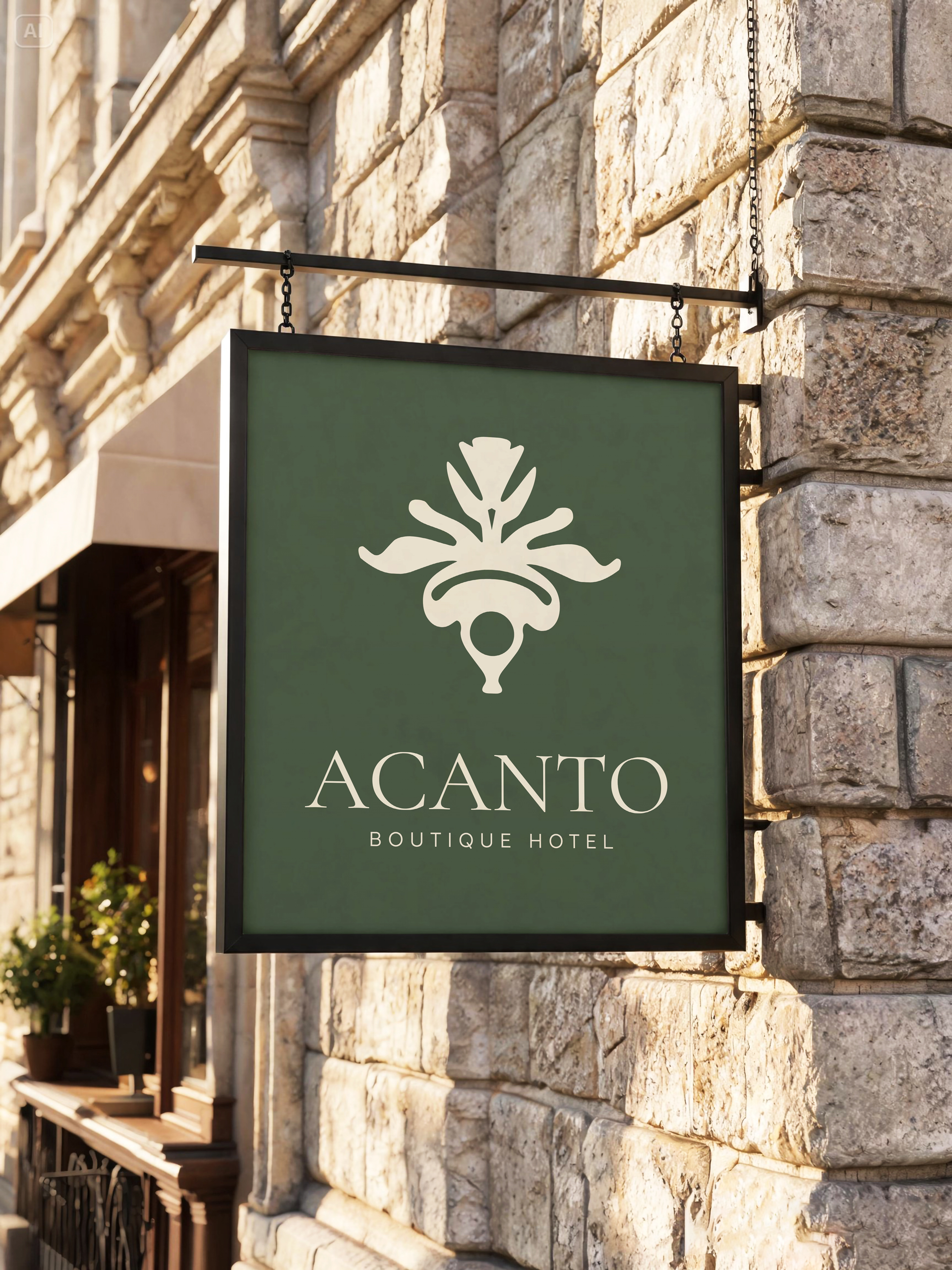 Señal colgante de ACANTO Boutique Hotel, verde con el logotipo en color hueso, sobre una fachada de piedra