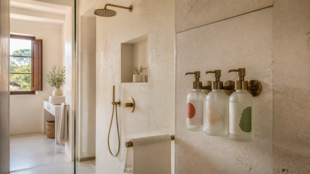 Ducha de un baño de hotel boutique con tres dispensadores de vidrio esmerilado y etiqueta de marca propia, grifería de latón y paredes de travertino