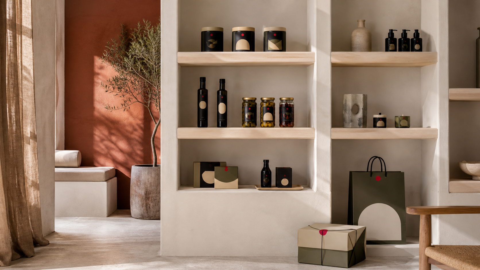 Estantería de la tienda de un hotel boutique con conservas, aceite, velas y una bolsa de regalo, todo con una identidad de marca propia coherente
