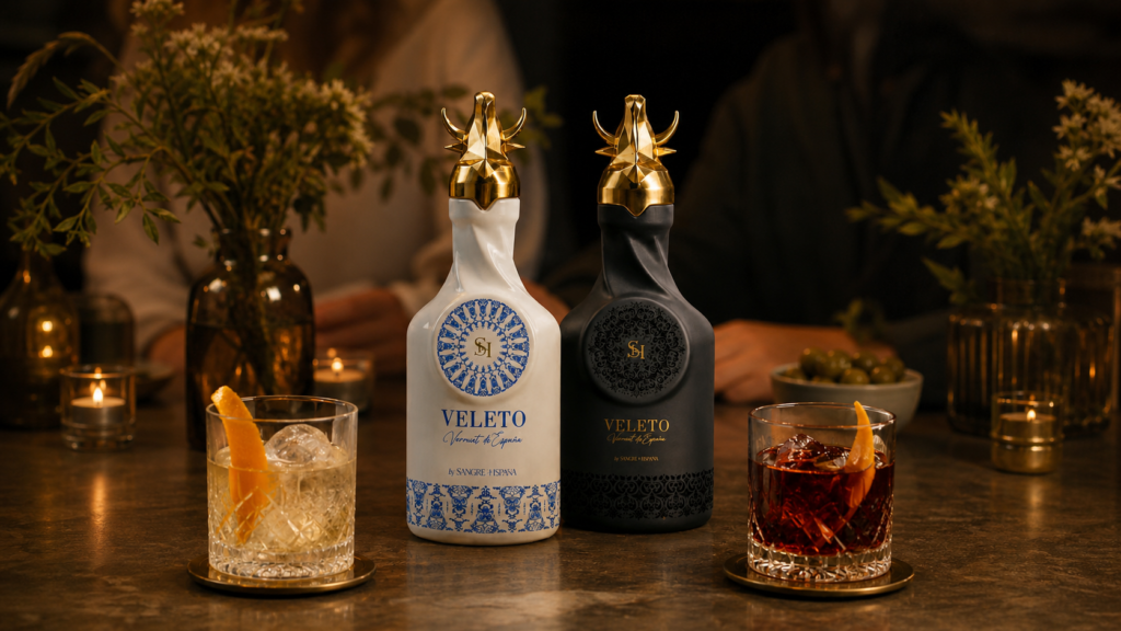 Las dos ediciones del vermut Veleto de Sangre Hispana, botella blanca con azulejo azul y botella negra con relieve dorado, servidas en dos cócteles