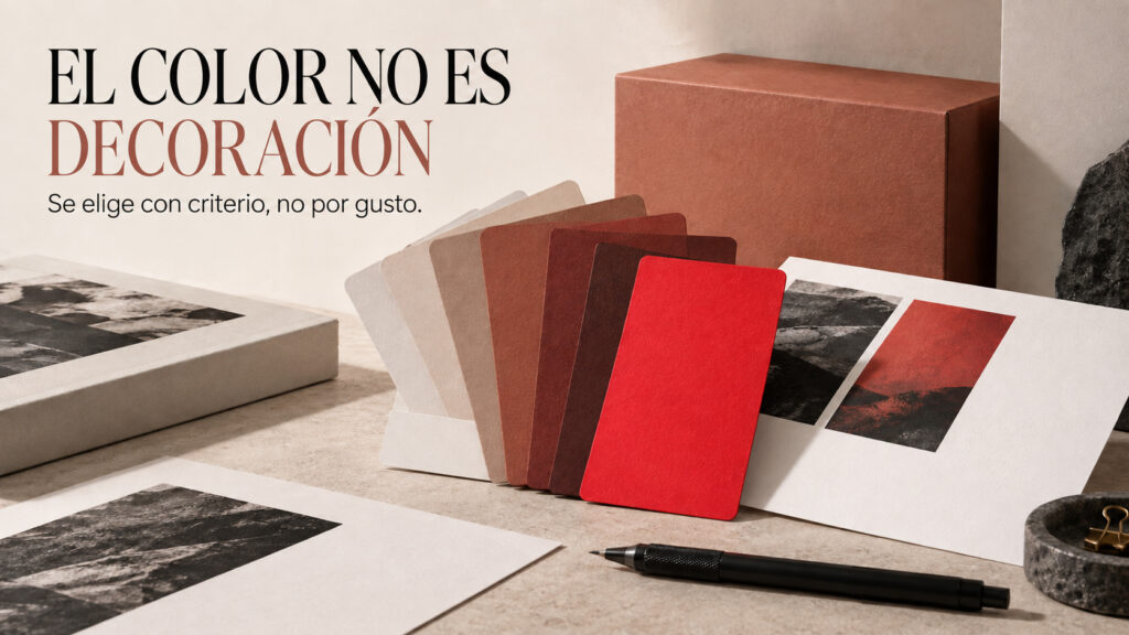 Paleta de colores en tonos terracota y granate sobre mesa de estudio, con muestras de material y fotografías en blanco y negro, ilustrando el proceso de selección de color de marca de Max Loarces