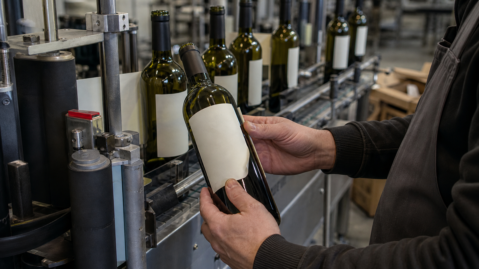 Operario revisando una botella de vino con la etiqueta en blanco en la línea de embotellado de una bodega