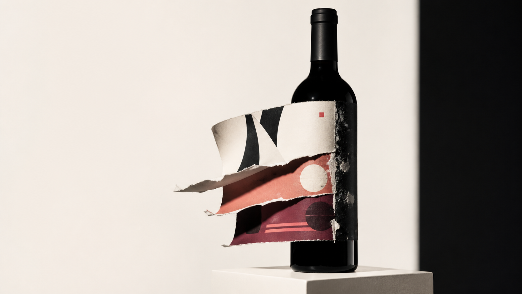 Botella de vino con varias etiquetas rasgadas superpuestas, cada una de un rediseño distinto de la marca