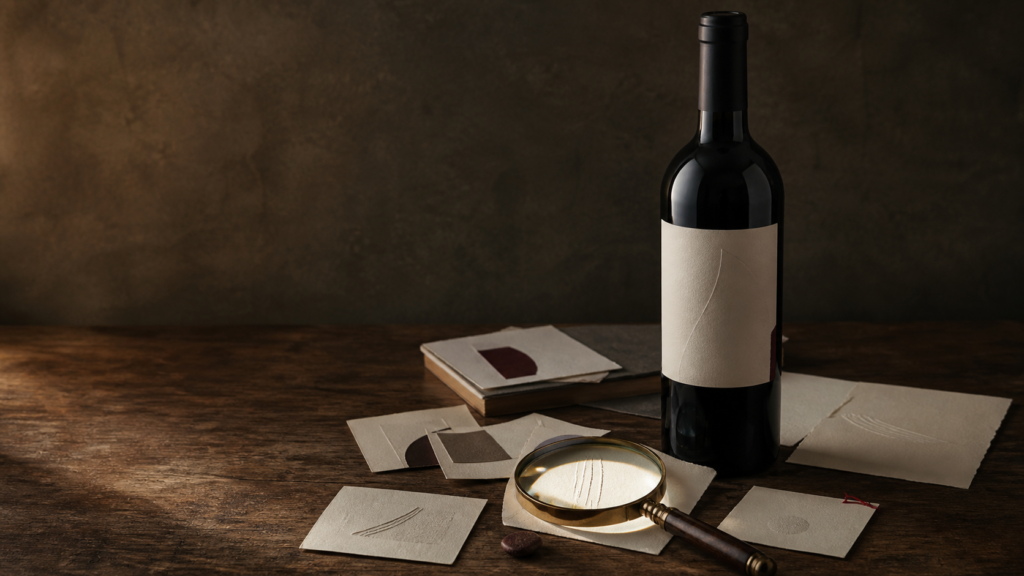 Botella de vino con la etiqueta en blanco y muestras de papel bajo una lupa: naming e identidad para bodegas
