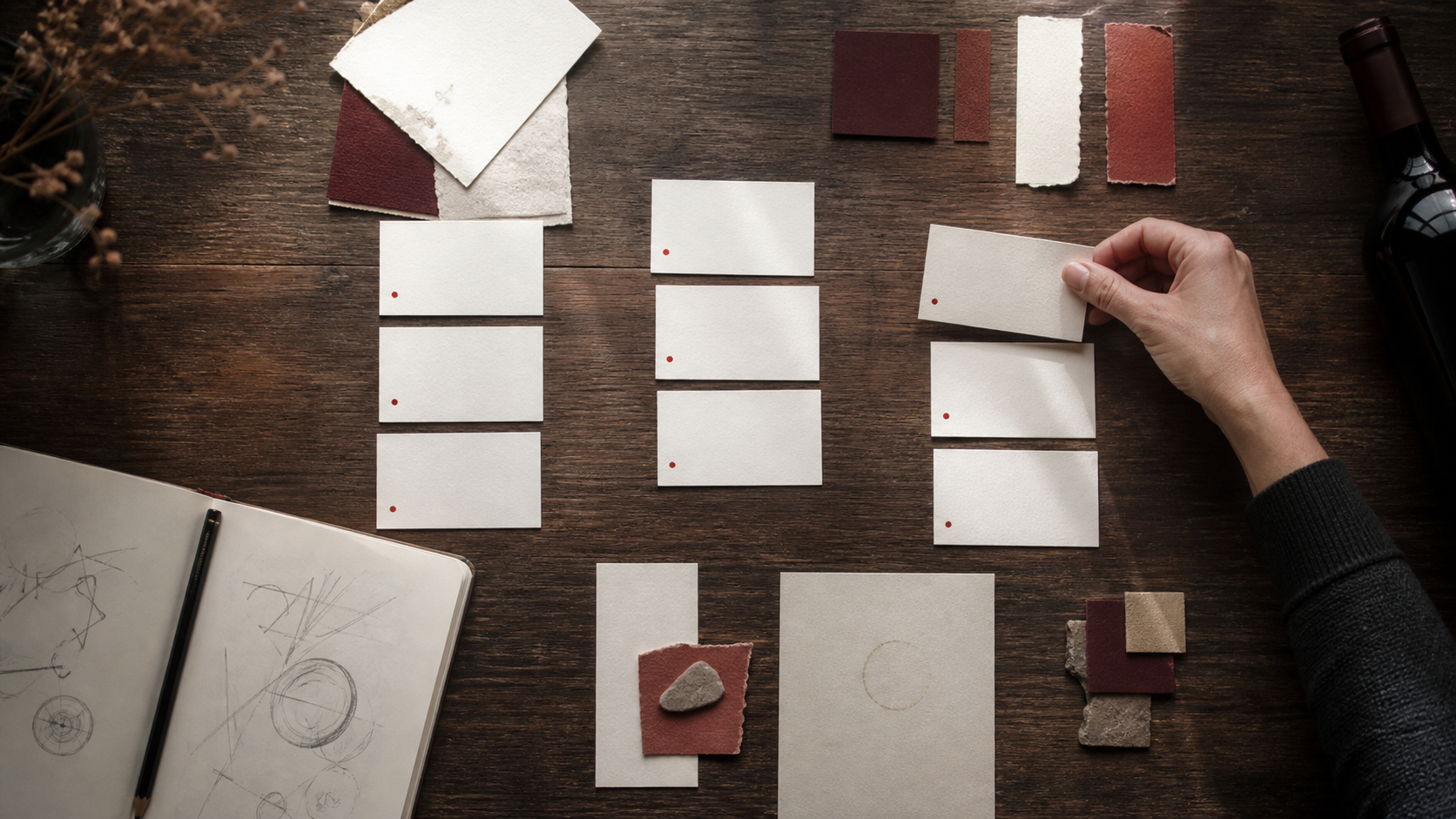 Proceso de naming para una bodega: tarjetas con opciones de nombre ordenadas sobre una mesa, junto a un cuaderno de bocetos y muestras de color
